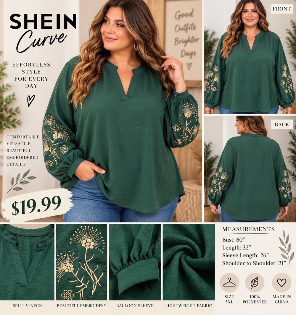 SHEIN Curve Womens 5XL Green Floral Embroidered Balloon Sleeve Blouse Boho